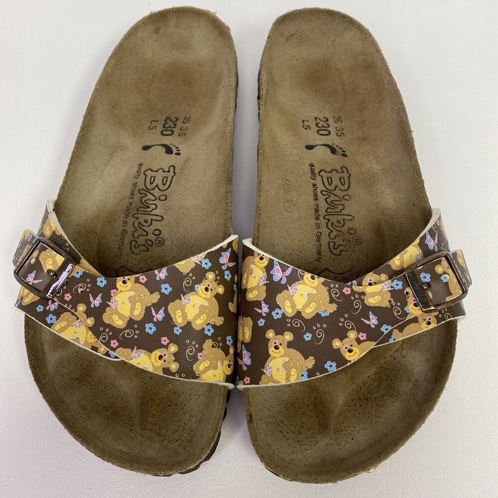 Birkenstock Birki's Madrid Brown Teddy Bear Print Slide Sandals US 5.5-6 EU 36